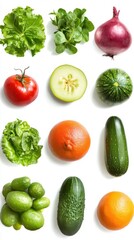 Healthy eating background / studio photography of different fruits and vegetables isoleted on white backdrop, top view. High resolution product.
