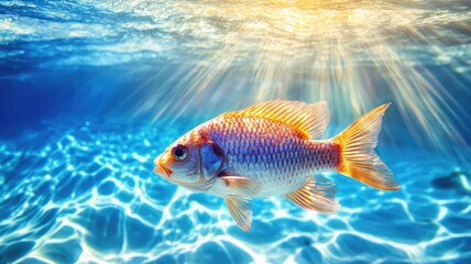Fototapeta premium Vibrant fish swimming in clear blue water under sunlight