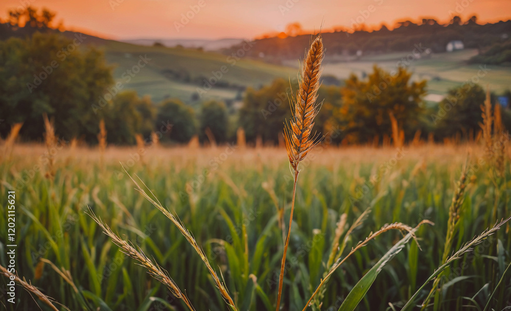 Poster A tall stalk of grass is in the foreground of a field. The field is full of tall grass and the sun is setting in the background