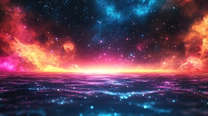 Colorful cosmic sea with distant galaxies and luminous waves under vibrant night sky