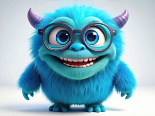 Adorable blue alien with four eyes, a whimsical character against a stark white background, composing using the rule of thirds.