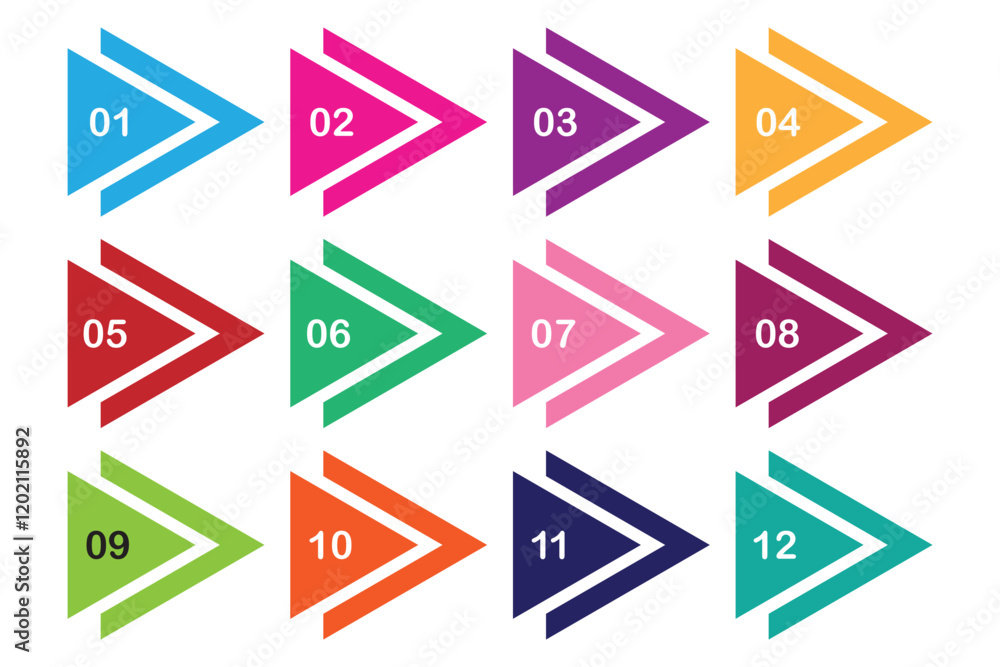 Poster number digit icon set. modern colorful triangle numbers button set isolated on white background. mar