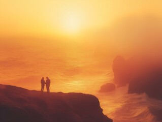 Fototapeta premium couple at sunset silhouette couple standing on a cliff at sunset
