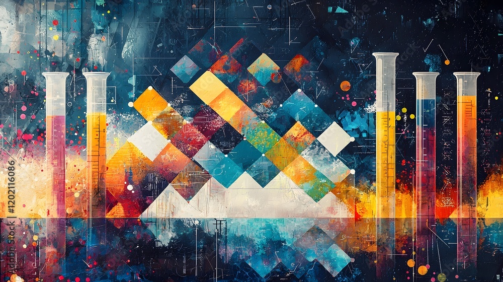Poster captivating abstract laboratory scene combining dna molecular patterns pipettes and vibrant colorful