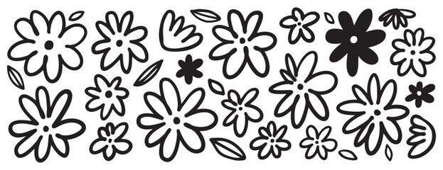 Chamomile doodle hand drawn line set. Ink drawing flowers freehand cute outline black clipart. 
