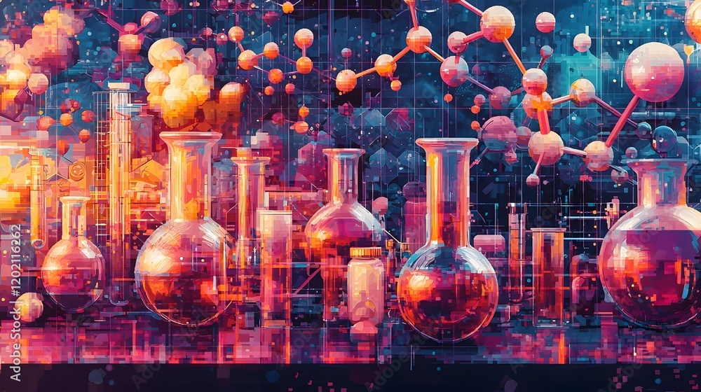 Poster captivating and colorful layered scientific art depicting stylized representations of laboratory equ