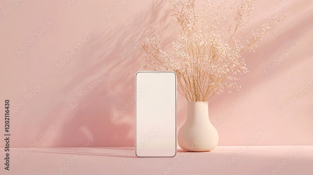 Poster smartphone with blank screen displaying near vase with dried flowers on pink background