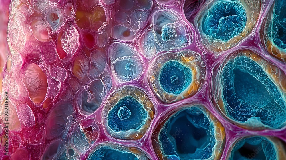 Poster captivating microscopic cross section highlighting intricate pink and blue cellular structures withi