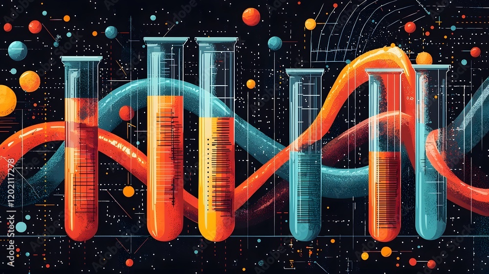 Poster captivating science featuring a dynamic blend of abstract geometric shapes test tubes and dna sequen
