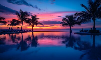 Vibrant sunset reflects on serene pool with palm trees and distant horizon