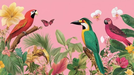 Vibrant tropical birds and flowers on pink background.