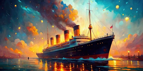 AI art captures the Titanic's sinking, a minimalist oil painting in a 20th-century style.