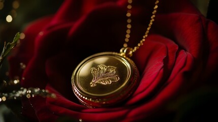 Golden Locket Pendant Rests on Red Rose