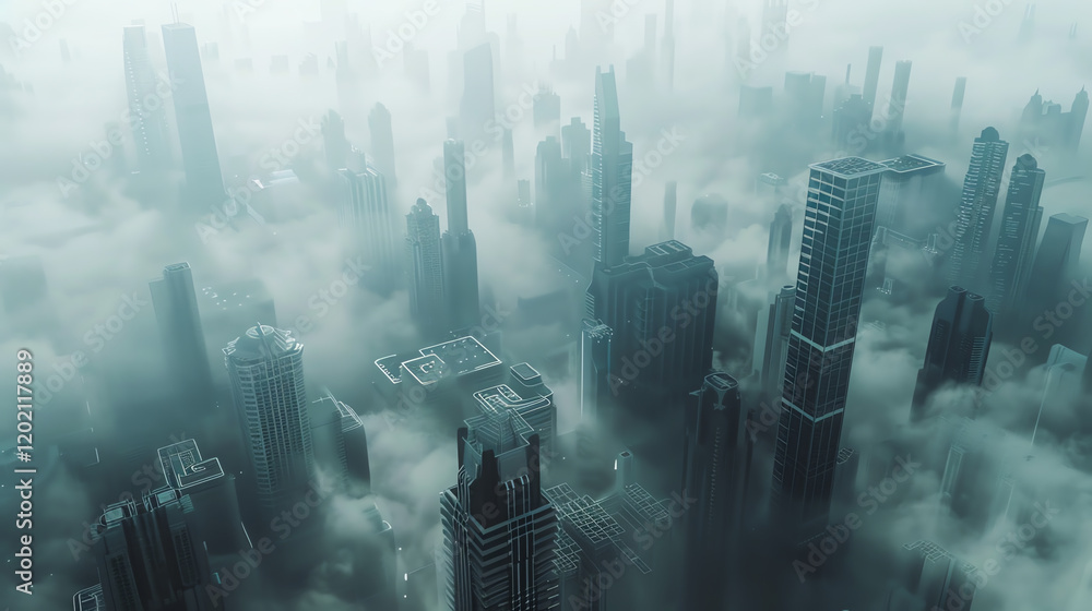 Poster capture a birds-eye view of a dystopian cityscape in a virtual reality setting, utilizing pixel art 