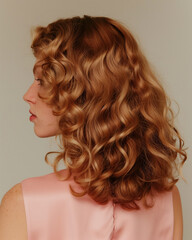 Naklejka premium Femme cheveux blonds roux ondulés bouclés, ondulations boucles, vue de profil, coiffure, beauté, studio, naturel
