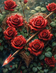 Heart of Roses: A heart-shaped arrangement of lush red roses, pierced by an arrow, evokes romance, passion, and a touch of bittersweet longing.