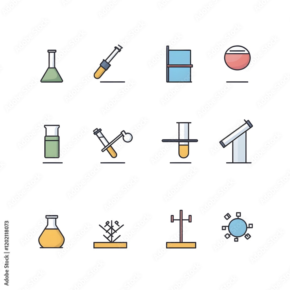 Poster collection of minimal flat design icons representing equipment and processes used in stem science te