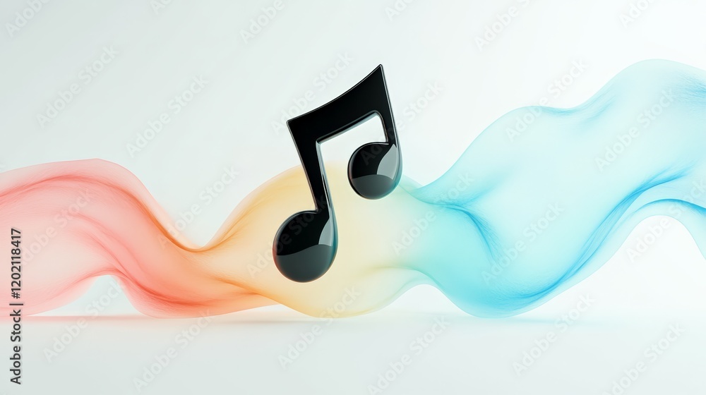 Poster glossy black music note floating gracefully on vibrant, colorful abstract waves, representing the es