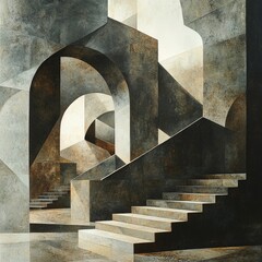 A mesmerizing architectural artwork depicting an intricate interplay of arches, stairs, and light within a concrete structure. Ideal for captivating art prints, posters, or sophisticated interior desi