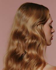 Fototapeta premium Femme cheveux blonds ondulés, ondulations vue de profil, coiffure, beauté, studio, naturel