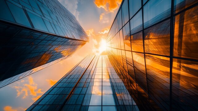 Sunset skyscrapers, city skyline, ambitious growth, urban development, business success