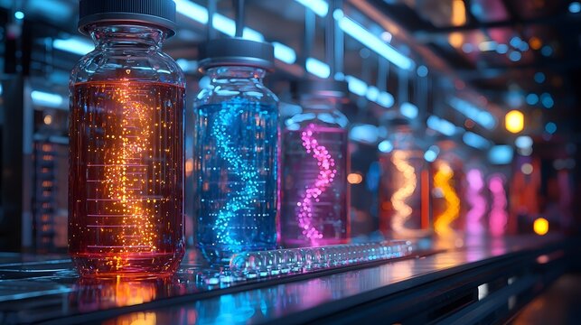 Cutting edge biotech laboratory featuring colorful glassware and a prominently detailed DNA strand showcasing the latest advancements in scientific research and discovery