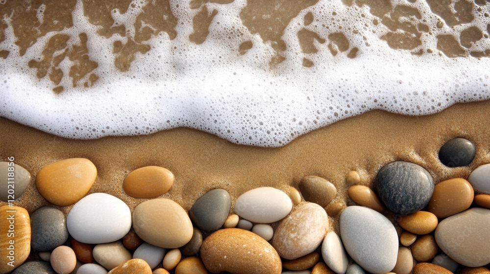 Leinwandbilder close up view of smooth beach pebbles surrounded by gentle waves on a sunny day by the ocean. genera