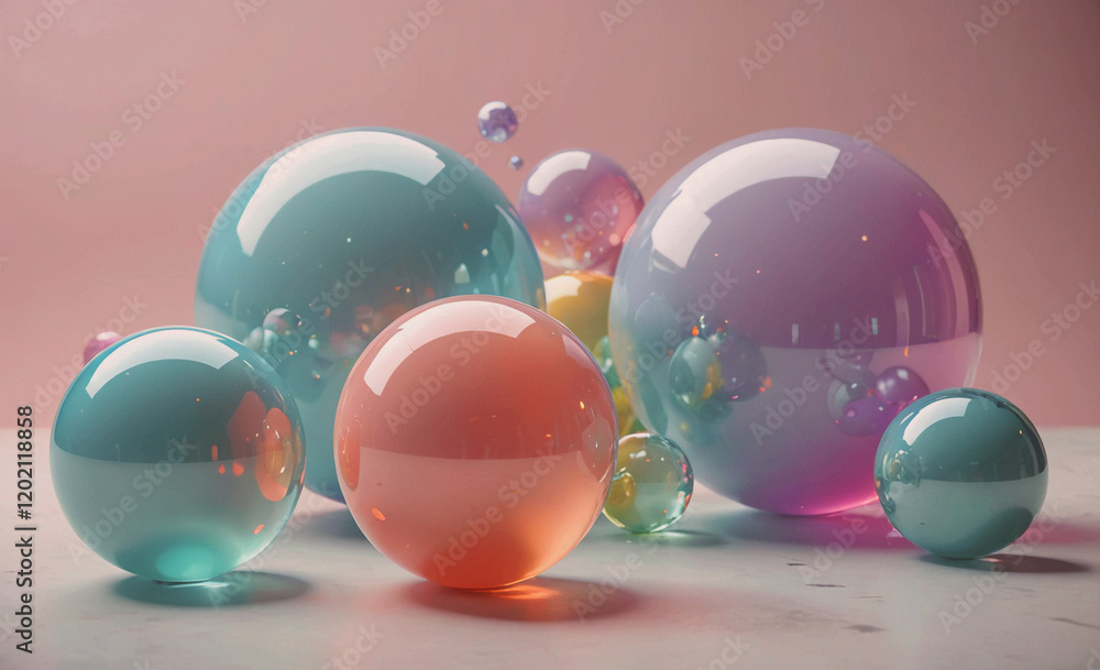 Aufkleber A collection of colorful glass spheres arranged on a table. The spheres are of different sizes and colors, creating a visually appealing and dynamic display. The arrangement of the spheres suggests a