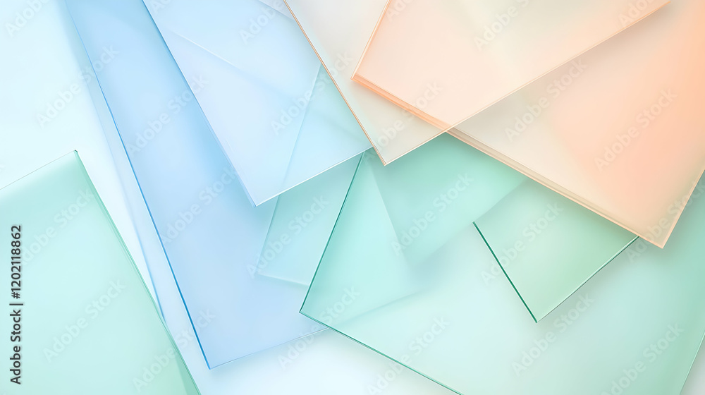 Poster abstract composition of overlapping transparent rectangles in soft pastel hues of blue, green and pe
