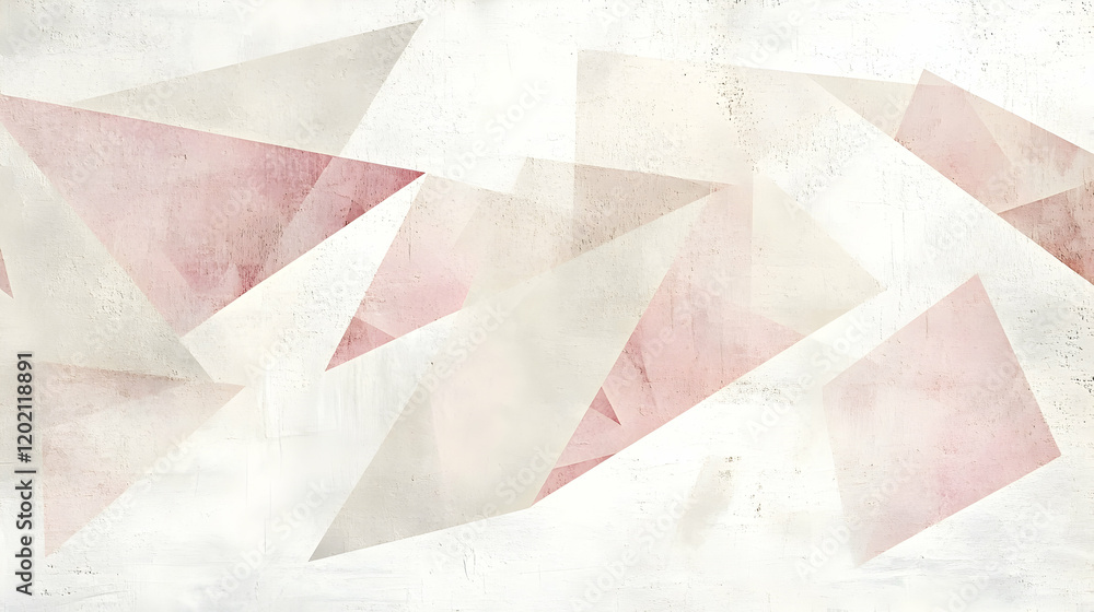 Poster abstract composition with overlapping sharp-edged triangles in soft pink and beige tones on a textur