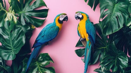 Fototapeta premium Two blue-and-gold macaws facing each other amidst lush tropical leaves on a pink background.