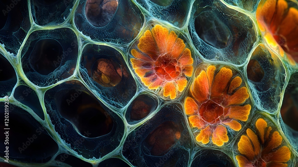 Poster detailed microscopic examination unveils the intricate vascular structure and stained patterns withi