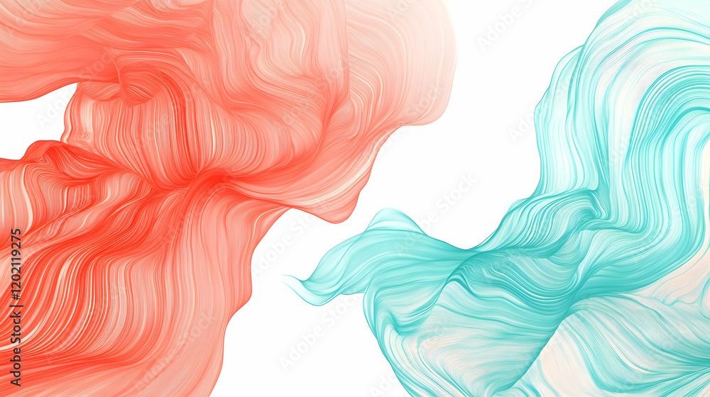 Poster abstract design with flowing wavy lines in vibrant coral and turquoise tones over a crisp white grad