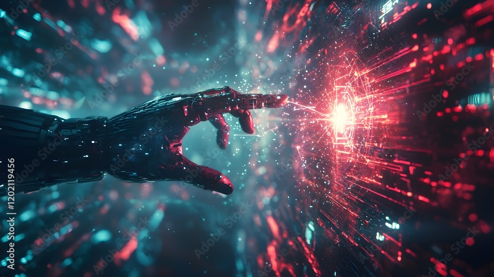 Poster digital transformation concept depicting the collaborative connection between robotic and human hand
