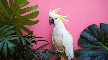 White cockatoo perched on branch with tropical leaves against pink background.