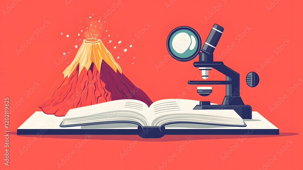 Poster engaging science education graphic featuring a volcano model microscope and open book with magnifyin