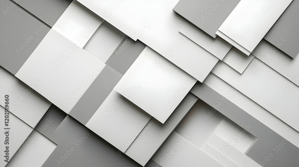 Poster abstract geometric layout with overlapping rectangles in muted gray and white tones, forming a balan