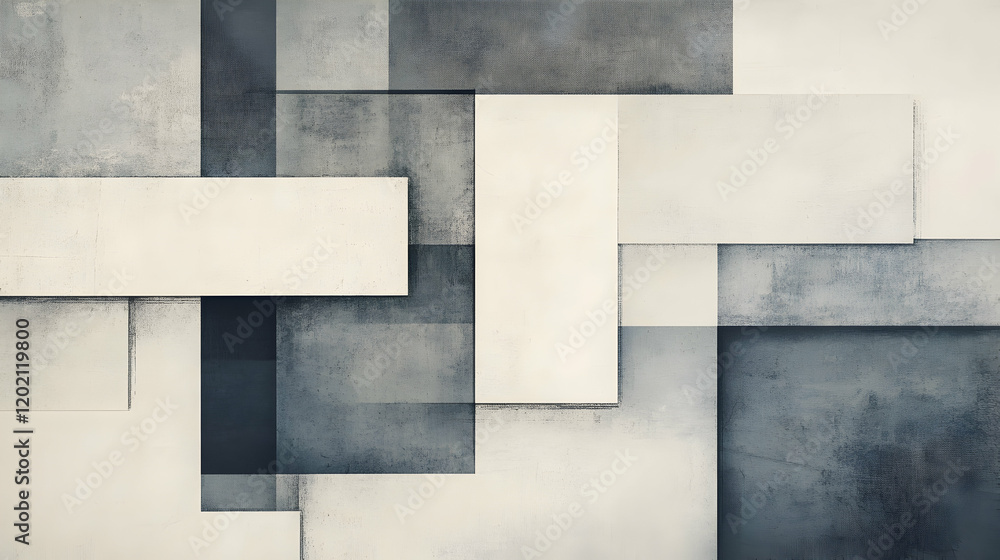 Poster abstract geometric layout with overlapping rectangles in muted gray and white tones, forming a balan