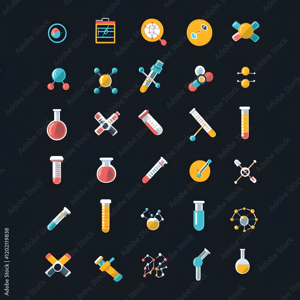 Poster flat design icon set featuring scientific symbols like microscopes test tubes and dna structures for