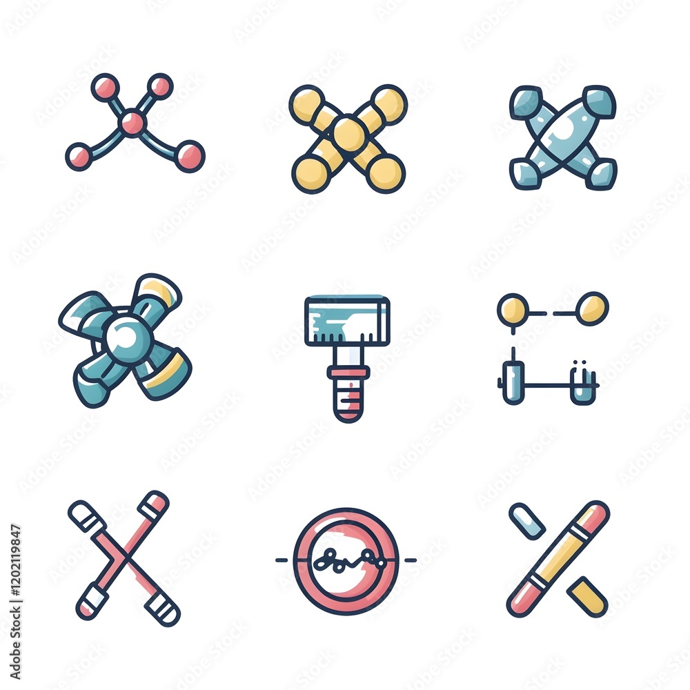 Poster flat design icon set showcasing scientific symbols including microscopes test tubes and dna structur