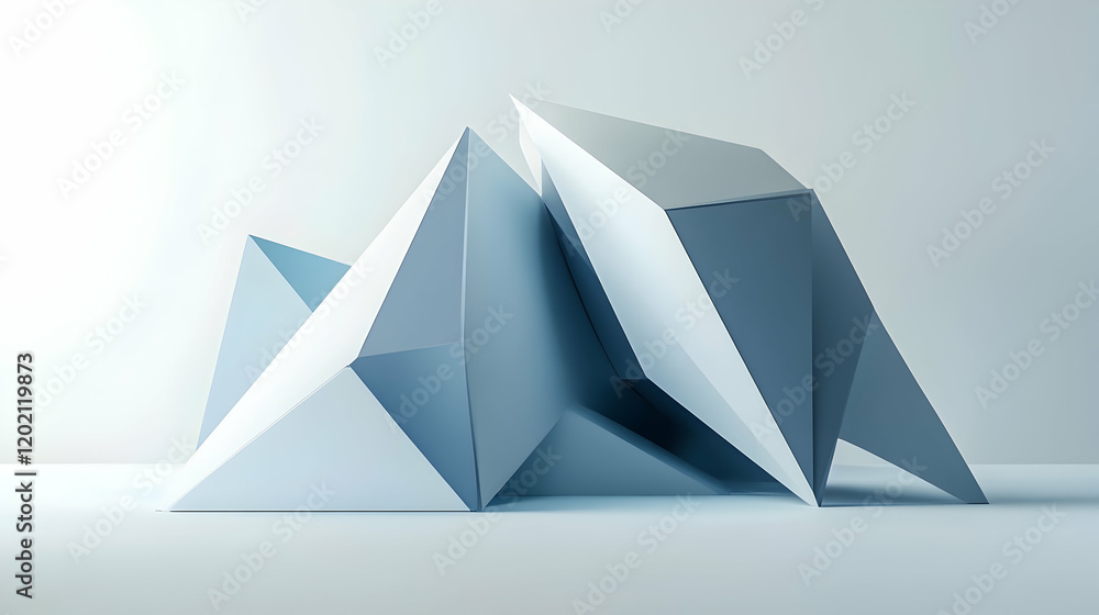 Poster abstract minimal composition with clean geometric shapes in soft blue and gray tones on a plain whit
