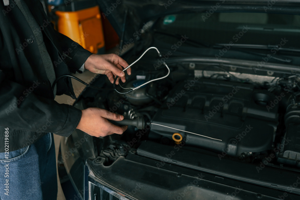 Aufkleber Mechanic using a diagnostic tool to check a car engine in a workshop, demonstrating vehicle maintenance and repair