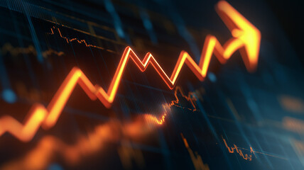 Rising Stock Market Trend: An upward trending orange arrow line graph on dark background, symbolizing growth, progress and success in business and finance. 
