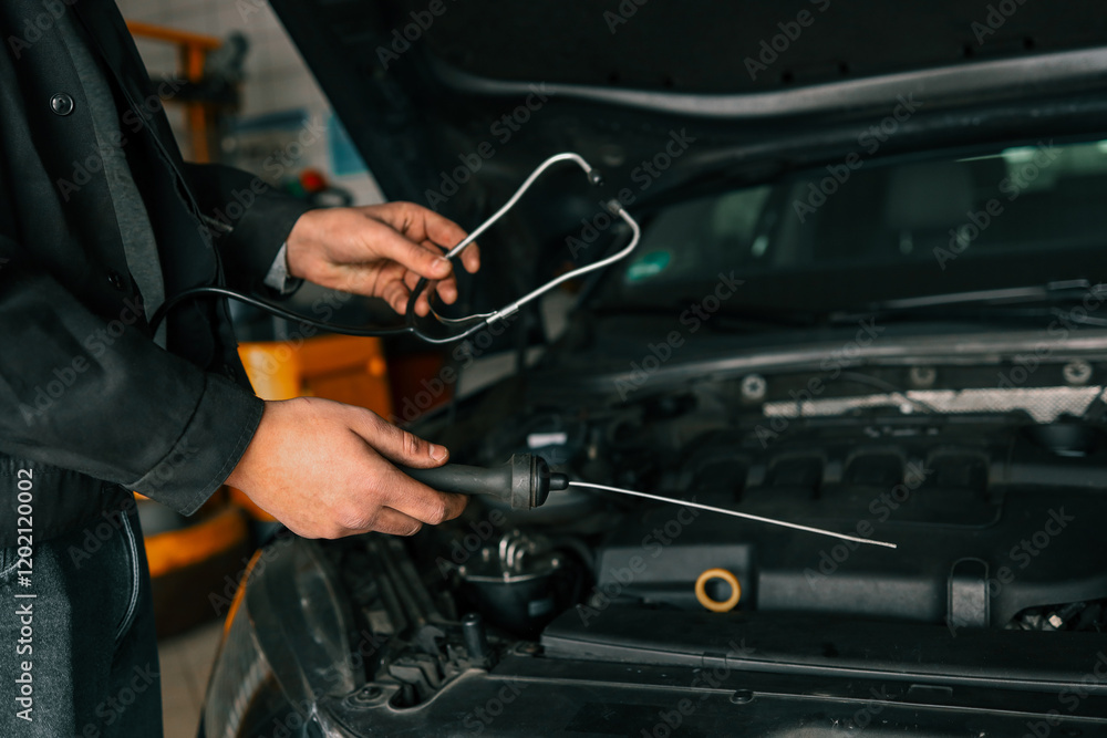 Aufkleber Mechanic using a diagnostic tool to check a car engine in a workshop, demonstrating vehicle maintenance and repair