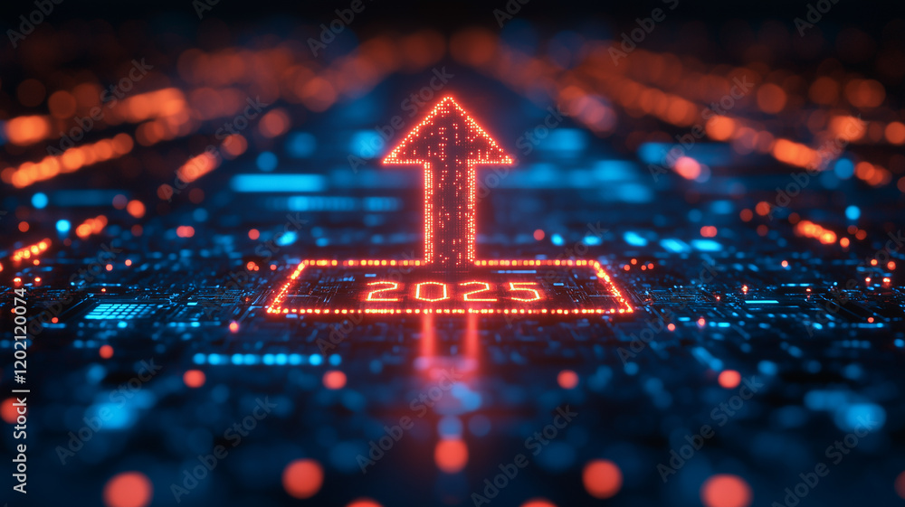 Poster ascending into 2025: an abstract digital rendering depicts a glowing red arrow pointing upwards, sym