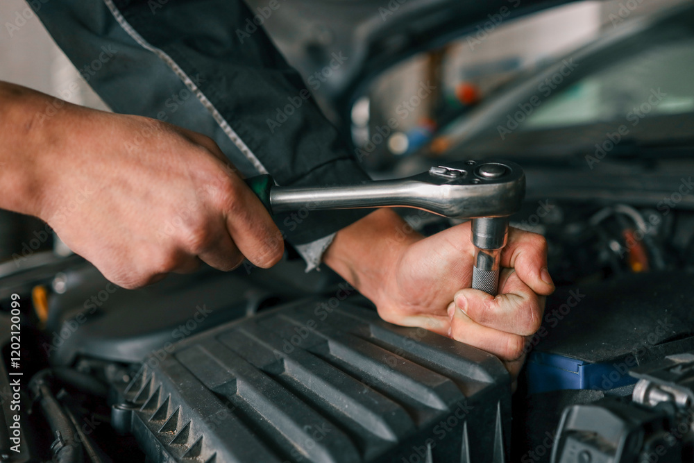 Poster mechanic tightening a bolt on a car engine using a ratchet wrench in a professional workshop setting
