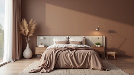 Luxurious bedroom with warm Mocha mousse color scheme 2025 trend Brown walls, light gray bedroom interior. Cement blank background for art
