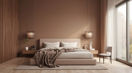 Luxurious bedroom with warm Mocha mousse color scheme 2025 trend Brown walls, light gray bedroom interior. Cement blank background for art