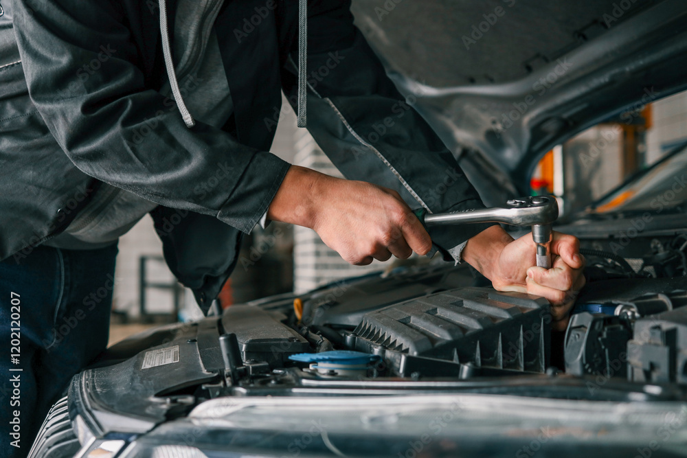 Aufkleber Mechanic tightening a bolt on a car engine using a ratchet wrench in a professional workshop setting