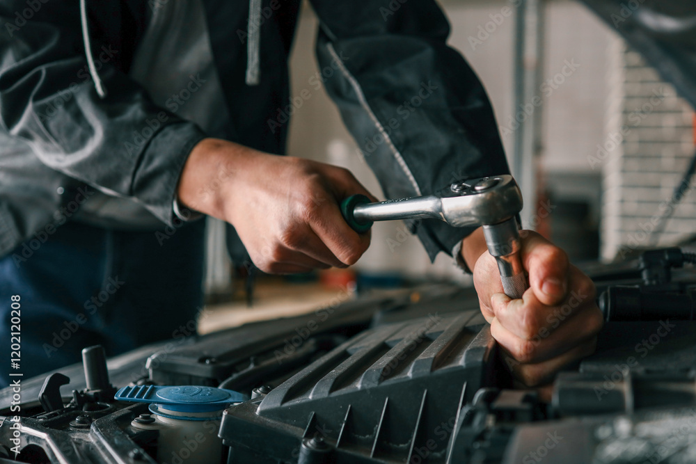 Poster mechanic tightening a bolt on a car engine using a ratchet wrench in a professional workshop setting